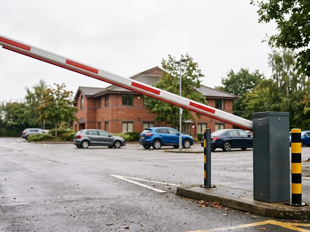An automatic rising arm barrier and its control cabinet at a car park entrance.