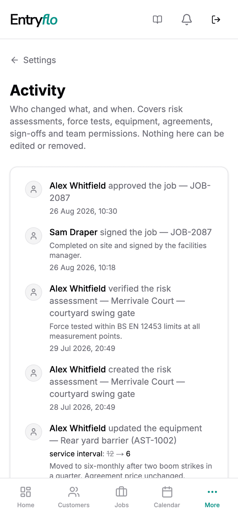 The account activity trail on a phone, listing who signed off a job, who verified a risk assessment, and a service interval changed from twelve months to six, each with the person's name and the date.