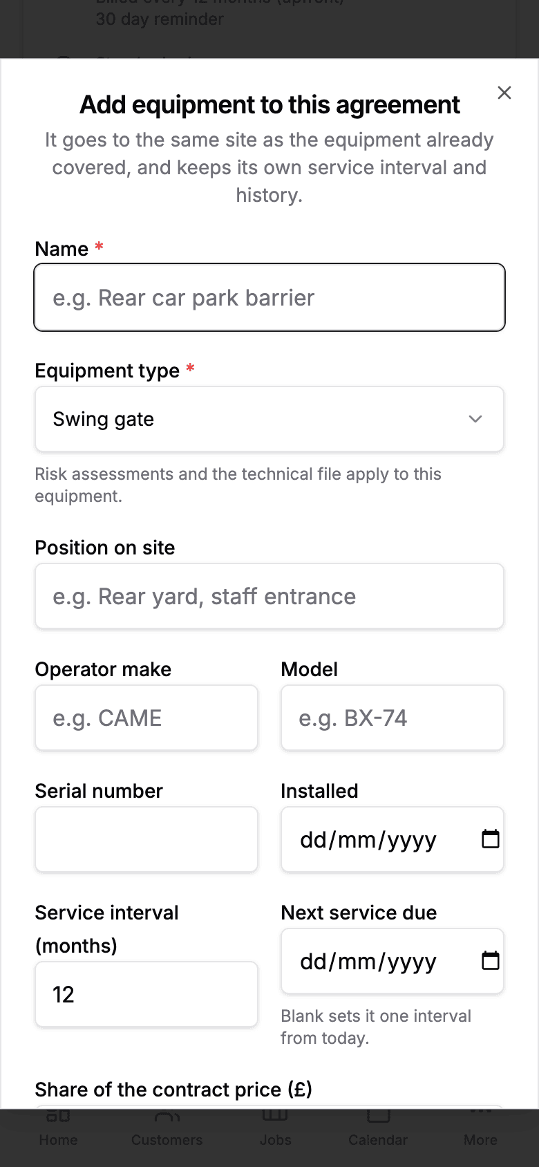 Adding equipment to an existing agreement on a phone: name, equipment type, position on site, operator make and model, serial number, service interval and its share of the contract price.