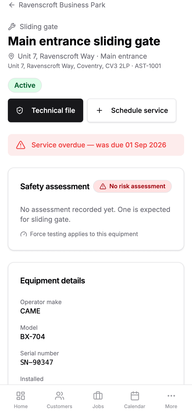 One gate's own page on a phone: the main entrance sliding gate at Ravenscroft, flagged service overdue, with its safety assessment state, operator make, model and serial number.