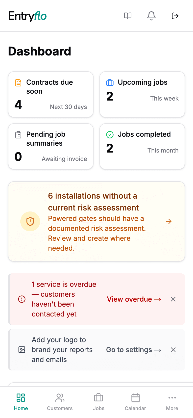 The Entryflo dashboard on a phone, showing contracts due soon, upcoming jobs and jobs completed this month.