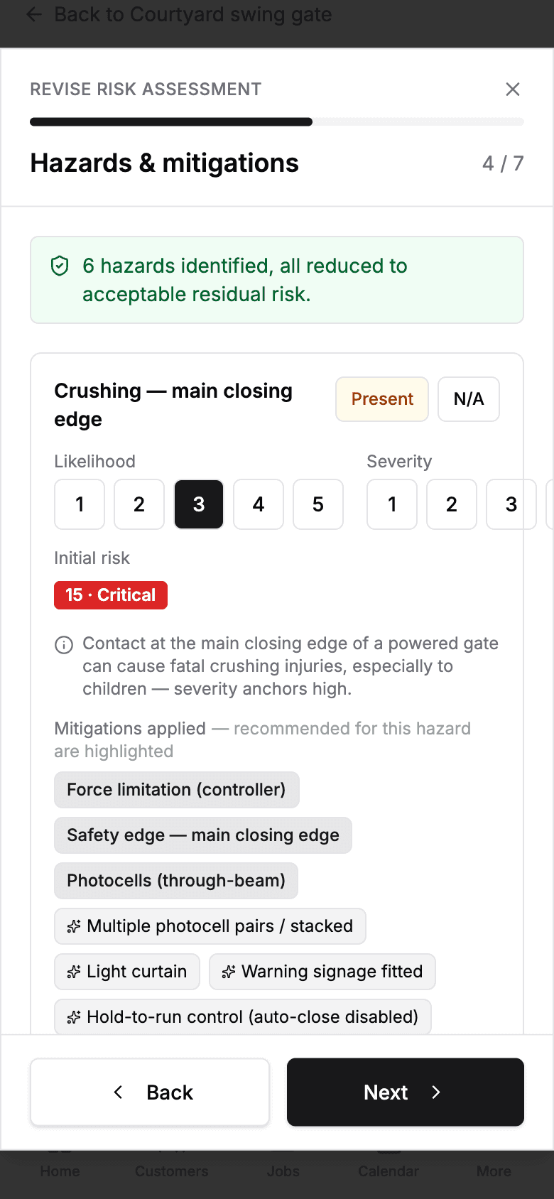The risk assessment wizard on a phone, scoring the crushing hazard at the main closing edge with likelihood and severity pickers and the mitigations fitted.