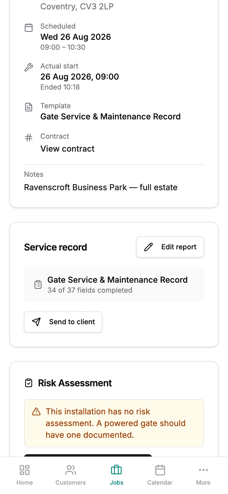 A completed job on a phone, showing the Gate Service and Maintenance Record with its fields filled in, ready to send to the customer.
